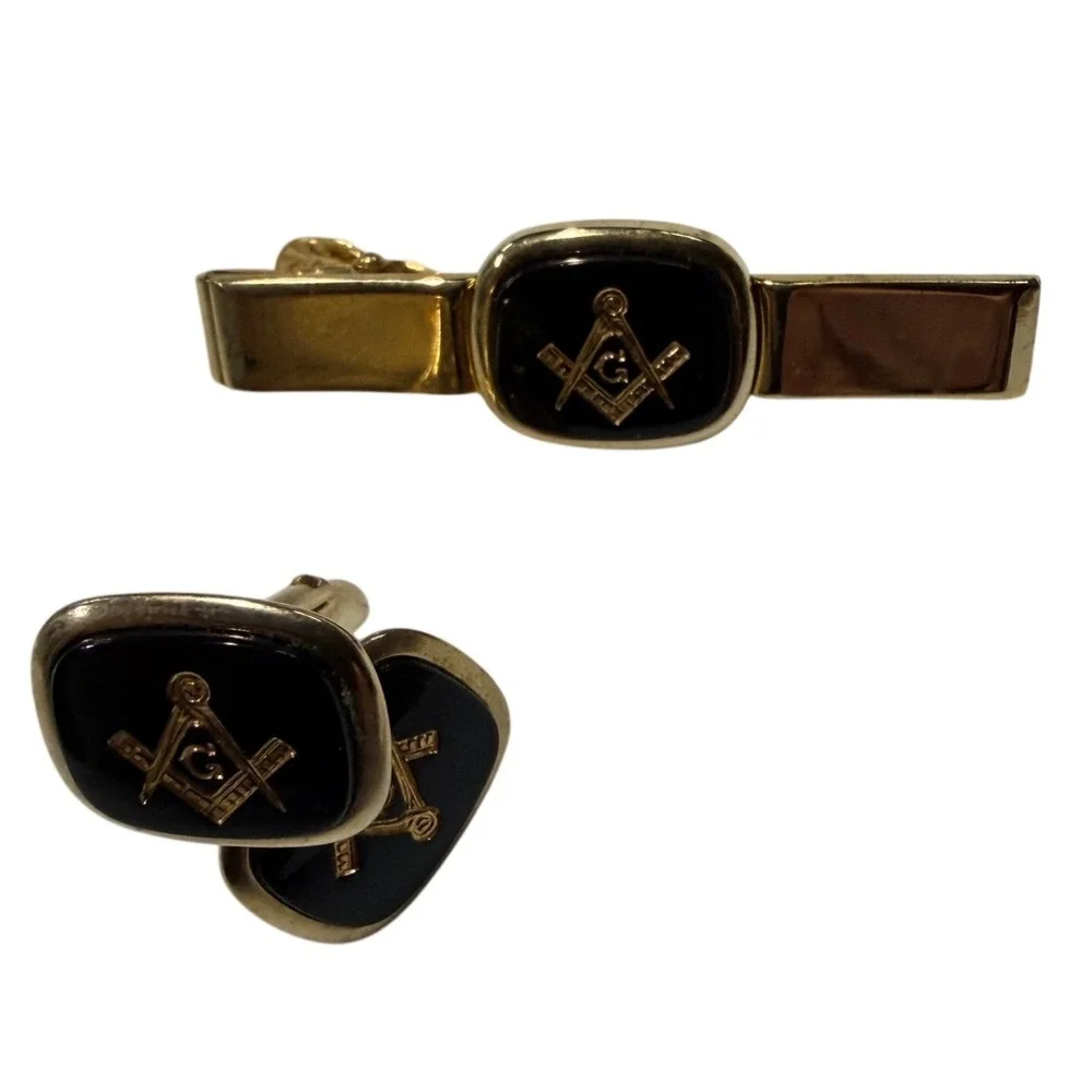Vintage Swank Masonic Cufflinks and Tie Clip Set Gold Tone Black Enamel G Emblem